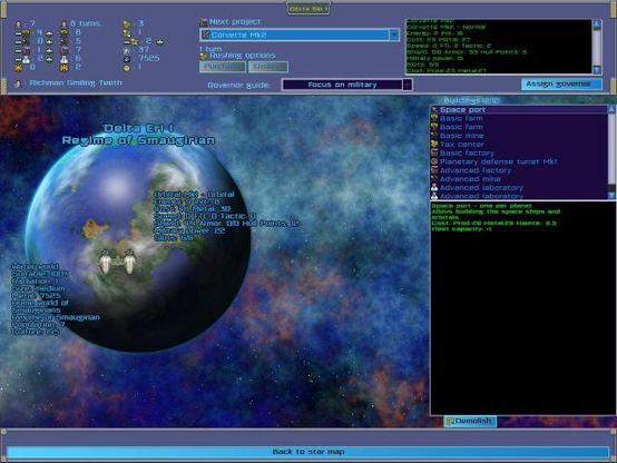 🕶️ A view of its UI with the action display area in the middle where turn-based & grid-based combat also takes place. The player's ship is in orbit around the planet Delta Eri 1 - a habitable water world where the Smaugirian live. At the top and right side of this display area are the game control panels and information areas.

📚️ Open Realm of Stars is a 4X turn-based strategy game, libre and multi-platform, solo (3 levels of AI, building their empire and adapting to the opponent's game), on the theme of space conquest. The player explores the randomly generated galaxy, meets other species (16 races) that he confronts or with whom he negotiates peace and trade alliances with exchange of new technologies. The technological development (6 branches of 10 levels) gives access to better ships (it is also possible to steal them), to confront other races in space as well as on the ground, invading planets for their resources and production.