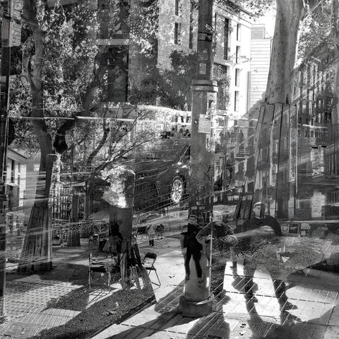 Barcelona digital edited double exposure street photography, made with the GNU Image Manipulation Program.