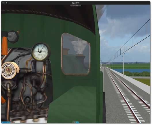 🕶️ An FPS view of the game (v.1.11.2.2, on my Linux PC) on board a steam train, on the electrified PARIS-BORDEAUX TGV line (sic. During this relatively quick test, I couldn't find a line that was suitable and functional for this type of train). The simulation is excellent, with the engine's limited power preventing it from climbing steep gradients, and the good sound effects also contribute to the overall atmosphere. Excellent!

📚️ OpenBVE is a libre, multi-platform train/metro driving simulator that focuses on the realism of in-cab driving. It accurately simulates the behaviour of wagons, braking systems, friction, air resistance, tilting, etc. In 3D cabs, the driving experience is enhanced by forces that shake the driver's body during acceleration and braking, as well as in curves. It also offers a positional 3D sound system, train exteriors and timetables for the current journey. Realism takes precedence over user-friendliness, and the player will have to study the route and train operating manuals, not just memorise a few keystrokes.