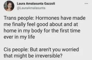 A tweet that says "Trans people: Hormones have made me finally feel good about and at home in my body for the first time ever in my life Cis people: But aren't you worried that might be irreversible?"