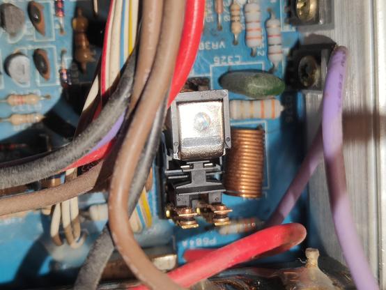 A photo of the inside of a stereo amplifier, focussed on a relay, with its cover removed.
There are black, brown and red cables nearby, as well as other components on the PCB.