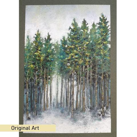 An A4 size painting of a forest in winter with tall trees and pale sky and snow on the ground.
The artwork is on dark green pastel paper.
An original art work, please note that the frame is not included.
Fine art oil pastel on toned pastel paper
Size A4 (210 x 297mm / 8.3 x 11.7")
