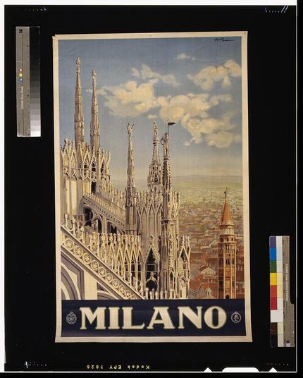The image is a vintage poster featuring an illustration of the iconic Milan Cathedral, also known as the Duomo di Milano. The artwork prominently displays the cathedral's elaborate Gothic spires and ornate rooftops against a backdrop that includes patches of clouds in a blue sky.
Below the detailed depiction of the cathedral, there is text stating "MILANO" in large white capital letters on a navy background with gold outlining. To the left side of this main title are two smaller inscriptions: one reads "ENT," possibly indicating an association or company involved in producing the poster, and another mentions "925 100% Paper." A signature is located at the top right corner that says "A.Pomini."
On the bottom part of the image, a red label displays two gold-colored circles connected by a horizontal line. The left circle contains text within a black rectangle stating "[...] 738" and has an emblem with some symbols inside it.
To the far right edge of the poster is a color reference chart that includes various shades such as yellow, orange, green, blue, red, violet, purple, pink, brown, grayish-blue, light blue-green, dark turquoise, sky blue, navy, magenta-brown, olive green, dark gray. The background colors in this poster are not specified with exact color codes.
Overall, the image evokes a sense of pride and showcases Milan's renowned architectural heritage through its artistic representation on a travel or tourism-themed  [...]