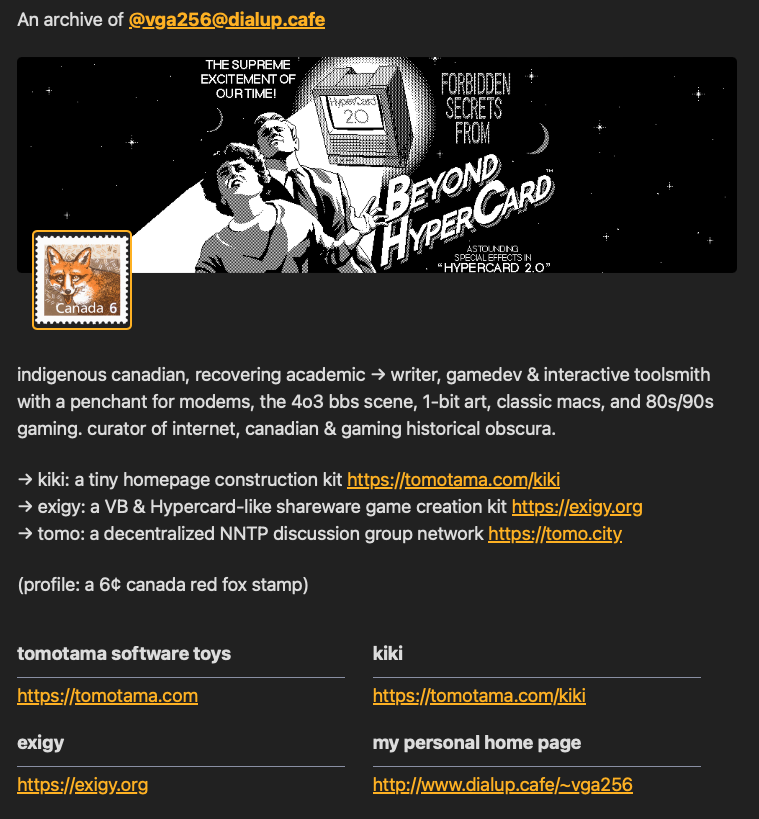 a user profile page for @vga256@dialup.cafe. it shows the user's profile pic (a fox) and a background banner (a beyond hypercard screenshot, drawn by robin miller)