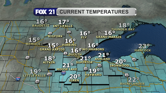 Temperatures in the Northland just before 2 p.m. on November 30, 2025, range from 15 to 21 degrees Fahrenheit.