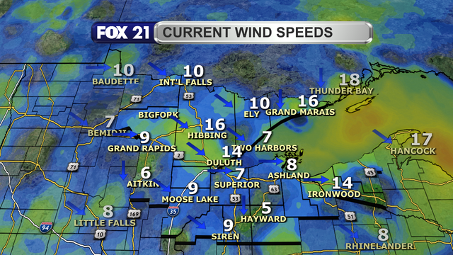 Wind speeds in the Northland just before 2 p.m. on November 30, 2025, range from 5 to 16 mph. Wind direction is primarily from the northwest and west.