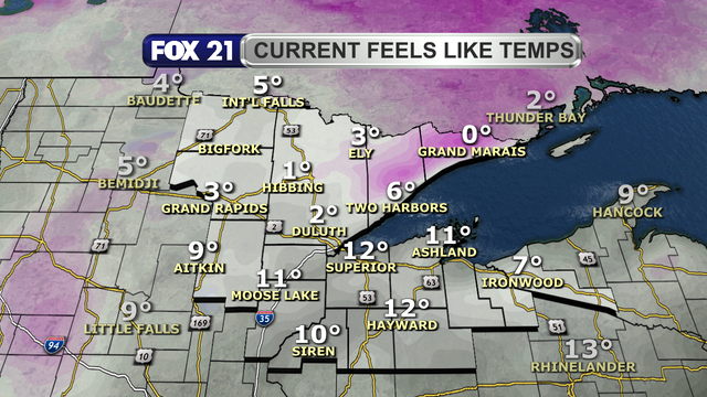 Feel like temperatures in the Northland just before 2 p.m. on November 30, 2025, range from 0 to 12 degrees Fahrenheit.