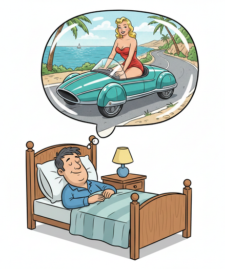 man lies in his bead and dreams of a lady driving a velombile