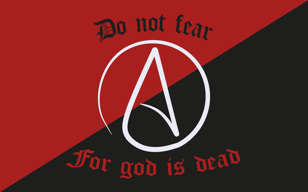 Red and black diagonal split background with a bold white "A" encircled. Gothic text reads "Do not fear" above and "For god is dead" below.