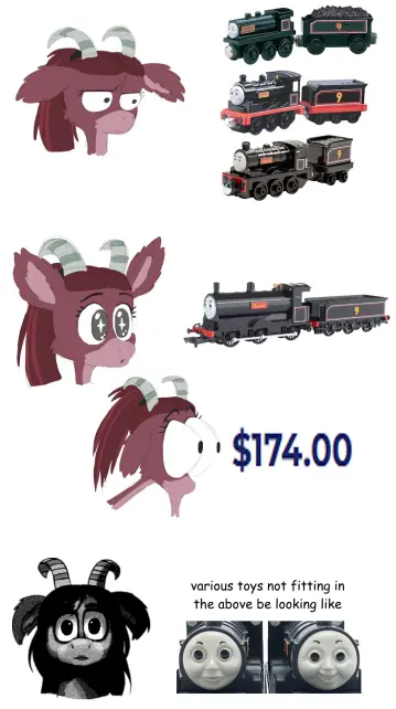 Моя фурсона по-разному реагирует на игрушки Дональда и Дугласа из франшизы Томас и его Друзья. Сверху группа из первых 3 игрушек (примерно похожие пропорциями, толстыми лицами и крупными колёсами) ей не нравится. Посередине модель от Bachmann, которая впечатляет, но дорого стоит. Внизу лица ещё каких-то игрушек, от которых ей не по себе, потому что у них слишком крупные зрачки.