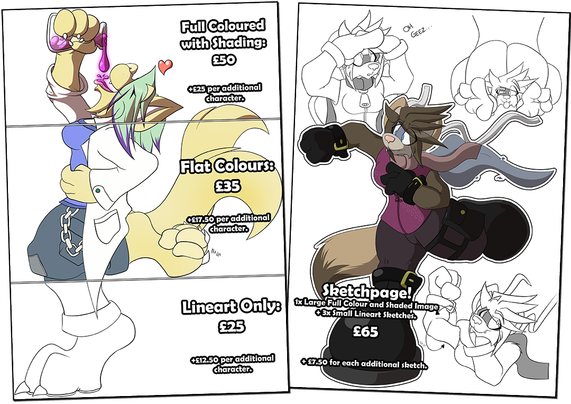 Commission prices:

STANDALONE IMAGE
Lineart only: £25
Flat colours: £35
Full-colour with shading: £50

(Additional characters cost an extra 50% of the original prices listed above)

SKETCHPAGE
1x Large, full-colour and shaded image plus 3x small lineart only sketches: £65

(Additional small lineart only sketches cost an additional £7.50)