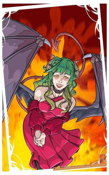 A drawing of a woman with the horns, wings and tail of a devil or demon, leaning forward towards the viewer with her hands clasped beneath her and a besotted smile on her face. She has long green hair with a straight-cut fringe, upwards-curling horns and yellow irises with orange pupils. She's wearhing a shoulderless burgundy dress with detached, puffy sleeves. Her leathery wings are unfurled around her, her devilish tail raised up over her head. The background is on fire behind her.