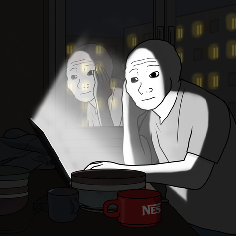 A Wojak style cartoon figure sits in a dark room lit only by a laptop screen staring tiredly at it with their reflection visible in the window behind them and several mugs and containers scattered on the desk.