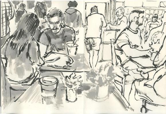 Ink on paper of double page spread of people socializing and enjoying a coffee. Roughly drawn.