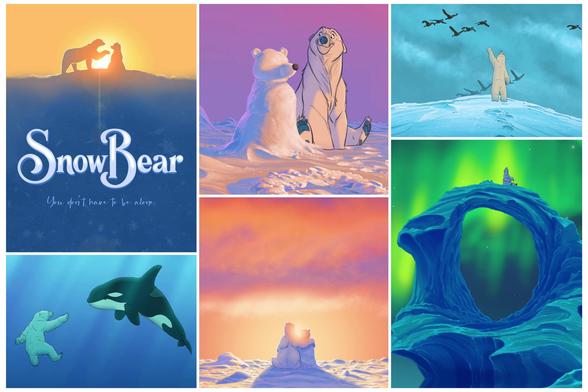 A compilation of the official promo poster of the film with the tagline "you don't have to be alone" showing the bear against the sunset extending a paw towards the bear companion he created out of snow, with several different screenshots from the film showing the bear with its snow companion and also a couple of scenes where he is trying to connect with different animals.