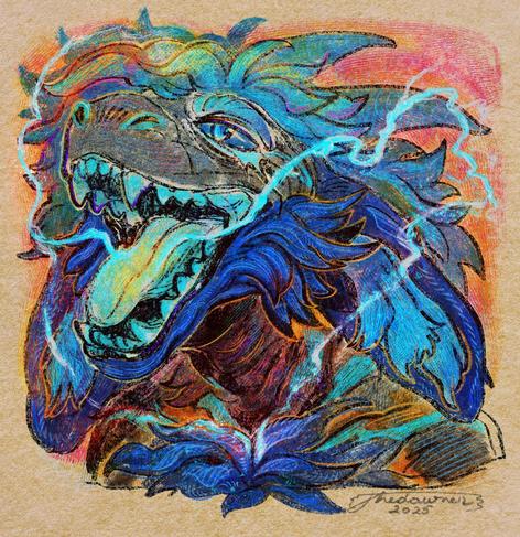 A colorful digital portrait of an 
anthropomorphic dragon character.