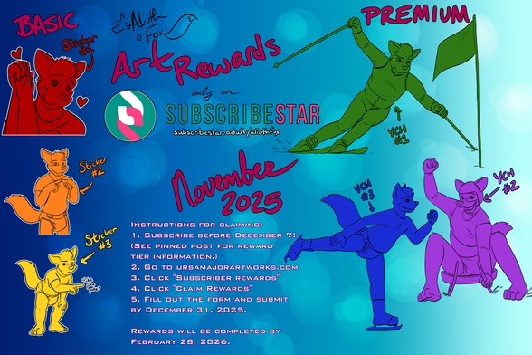 This month's subscriber rewards include 3 basic rewards (stickers) and 3 premium rewards (YCHs).  Sticker 1 is a furry clasping their hands together and looking at something lovingly.  Sticker 2 is an adult furry in a diaper blushing and tapping his index fingers together.  Sticker 3 is a babyfur in a diaper, poking at something curiously.  YCH 1 is an adult furry sliding on skis around a slalom flag.  YCH 2 is an adult furry (in a diaper) raising a fist in triumph while sitting up and braking a luge sled.  YCH 3 is a babyfur in a diaper, doing a graceful pose with ice skates.  Details for claiming these can be found at the link in the post.