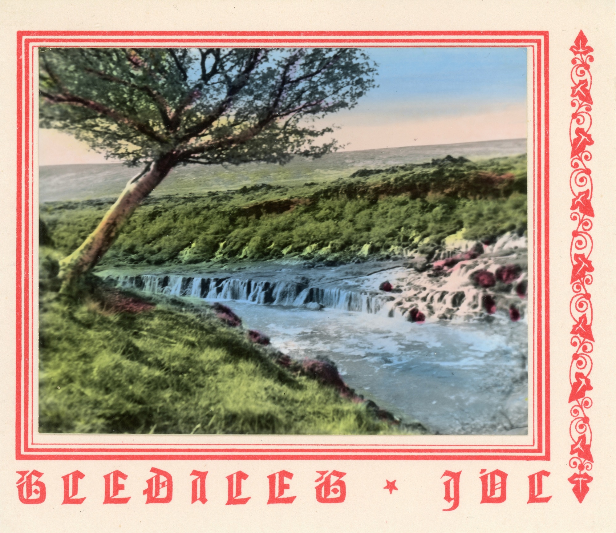 An old Christmas card featuring a hand coloured photograph of a tree and a waterfall.