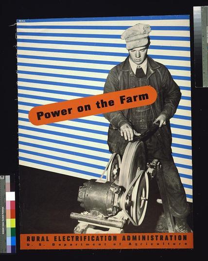 The image is of a poster with the title "Power on the Farm" prominently displayed in orange and black text. The background features blue stripes, creating a striking contrast against the figure of a young man who appears to be operating an electric grinding machine used for sharpening tools. He wears overalls and a cap commonly associated with farm work attire. His expression is serious as he focuses on his task.

The poster carries additional information at its base: "RURAL ELECTRIFICATION ADMINISTRATION" in bold letters, followed by the smaller text "U.S. Department of Agriculture." The dimensions provided indicate that it's likely a large format print measuring 103 x 76 cm (approximately 40.5 inches wide and around 29.9 inches tall).

This poster is identified as part of an archive or collection, suggesting its historical significance in illustrating the advancements made through rural electrification during mid-20th-century America.

The URL provided suggests a connection to "images.loener.nl," which could be related to photography archives. The reference number and alphanumeric code ("6726") may pertain to specific records within this collection, potentially providing more details about the poster's provenance or context of use.