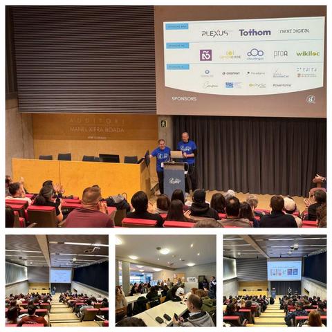 foto collage del evento a11yconf en el auditorio y sala de taller