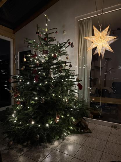 Das Foto zeigt unseren beleuchteten und geschmückten Baum (Nordmanntanne, etwas über 2 Meter hoch) im Wintergarten. Die LED-Lichter spiegeln sich in den Scheiben rund um den Baum und erzeugen dadurch glänzende helle Punkte, die um den Baum herum in der Luft zu schweben scheinen. Das sieht für mich so ein bisschen magisch aus.
Rechts neben dem Baum hängt noch ein beleuchteter Papierstern, der zusammen mit dem Baum von der Haussteuerung automatisch ein- und ausgeschaltet wird.
Der Boden ist gefliest und auch auf den Spiegeln sich – etwas stumpfer – die Lichter vom Baum.