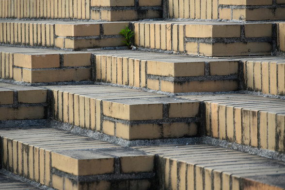 The entire photo is filled with yellow brick steps extending diagonally towards the camera. A single, small plant managed to grow through the cracks between the plaster.