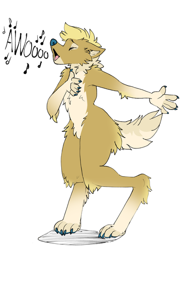 Drawing of an anthro canine singing a loud "awoo" on a white background