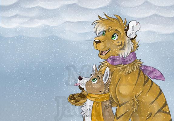 A picture of tiger and corgi out in the snow. The corgi is sticking out his tongue to catch snow while the tiger has his paw up to catch snow. The corgi is wearing an orange scarf and he has a goatee and green eyes. The tiger is wearing a purple scarf with darker purple stripes and thin lighter stripes. He has green eyes. There are thick puffy clouds in the sky. There are a lot of snow flakes coming down.