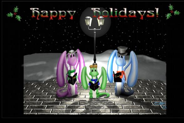 A holiday card that reads “Happy Holidays” it features a painting of 3 tiny dragons - 2 adults and a child, holding caroling books and standing in front of an old fashioned lamp post - they are wearing Victorian style caroling outfits