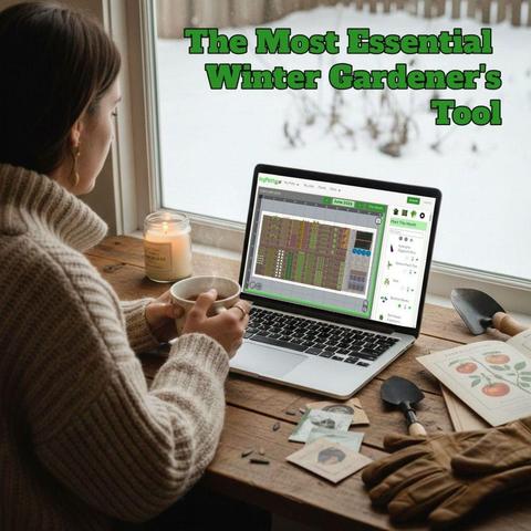 Women sitting at a desk with a cup, seeds and packets too, with laptop in front of her featuring VegPlotter, and outside through the window a snowy background scene