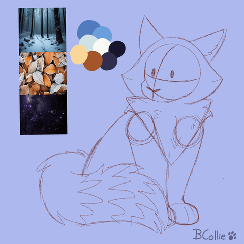 Very basic and messy sketch of a feline character that its still being created. The character is sitting, looking slightly to the left. It has a very floofy tail and a mane. Close to it there's the color pallete that will be uses, mainly light and very dark blues and browns.

It also has a small mood board, with a snowy forest, frosted leaves and a starry sky, which will be used as inspiration to create this character.