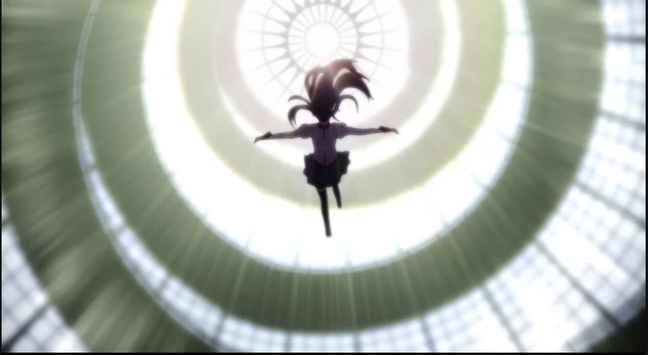 Staring up a giant spiral stairwell, so brightly lit as to seem like it is from heaven, and indeed the very top "probably a window I guess" is stylized very much like an eye.

A girl with long hair, in the school uniform, is falling down in center-frame, the only truly shadowed part of the image.  Arms akimbo, feet flailing out, and as her flapping hair is center-frame it has beams of light highlighting the barely-discernable darker purple color.

The most iconic "meet cute" in all anime-dom, as Hitagi Senjougahara is introduced to us in this image, and caught by Koyomo Araragi.