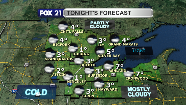 Some breaks in the cloud cover will try to form over the Northland Sunday night, but skies will remain mostly cloudy.  That and light winds won't stop temperatures from reaching the single digits for lows.  It will feel at times below zero.