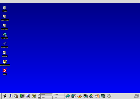 A blue KDE desktop screenshot with no open windows. Device and folder icons (Trash, Templates, Autostart, CDROM, FLOPPY, HOME, RPMmanager, XKill) run down the left side. A gray bottom panel shows workspace buttons labeled One–Four and small application icons; the clock reads '06:20 Jan 01'
