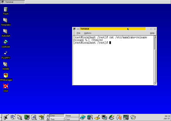A blue KDE desktop screenshot. A terminal window near the upper-right displays a root prompt and the output 'release 5.1 (Venice)'. Icons for Trash, Templates, Autostart, CDROM, FLOPPY, HOME, RPMmanager and XKill line the left side; a panel with application icons runs along the bottom and the clock reads '06:19 Jan 01'