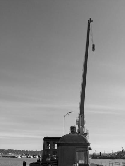 Black and white photograph of a crane in a big empty sky over water.