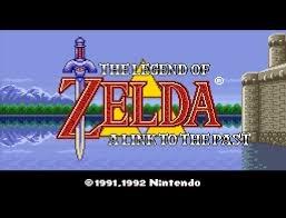 Title screen for The Legend of Zelda A Link to the Past. 16 bit graphics show title with a sword in the Z of the title floating in front of the triforce. A castle is partially visible on the right, the foreground is a lake and the background is a forrest with mountains in the distance
