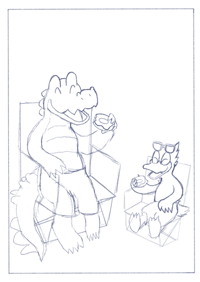 A sketch of an alligator and a duck sitting outside together on folding chairs. They appear to be enjoying donuts.

Originally drawn Nov 30th, 2025. A work in progress.
