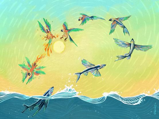 Illustration/storyboard/fresco of a flying fish I named Icarus and his ''legend''. The picture shows several stages of the story, like a flat animation : he takes off over the surface of the ocean, then turns into a parrot and tries to reach the sun. Unfortunately, right before he could reach his goal, he starts bursting into flames, and plummets back to the water.