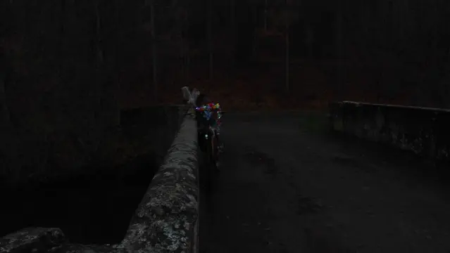 Fahrrad mit Lichterkette an eine Brückengeländer gelehnt. Es ist sehr dämmrig