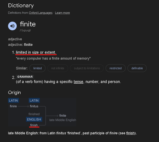 OED definition of "finite", which includes "limited in size or extent", and shows that the root word is "finish"