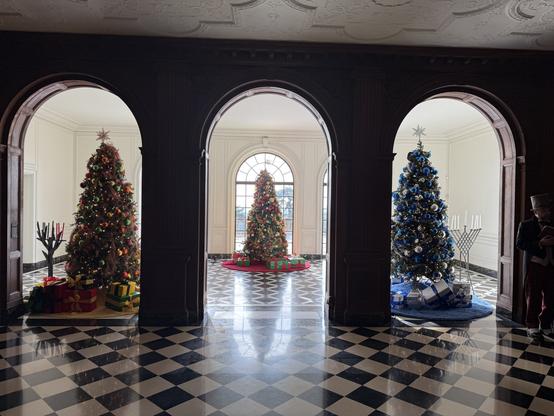 View of 3 decorated holiday trees in adjacent room