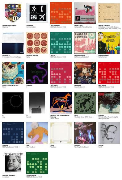 Collage des pochettes des albums de Apparat Organ Quartet (Pólýfónía), Karl Bartos (Communication), The Charlatans (BBC Radio Sessions Vol. 2), Michel Cloup (Catharsis En Pièces Détachées), Dedalus Ensemble (Philip Glass Performed By Dedalus Ensemble: Music With Changing Parts), Ensemble 0 (L'Incroyable Femme Des Neiges), Ensemble Nist-Nah (Spilla), The Fall (BBC Radio Sessions Vol. 2), Fantôme Josepha (Le Télescope De La Mort), Brigitte Fontaine (Genre Humain [LP]), French Cowboy & The One (Niente), Krokofant (6), The Lurkers (BBC Radio Sessions Vol. 2), Mendelson (Seuls Au Sommet), Gary Numan (BBC Radio Sessions Vol. 2), Ø (Aste), Ø (Sysivalo), Orchestre Tout Puissant Marcel Duchamp (Ventre Unique), Perio (The Sharp Bones Of My Sleep), Prolapse (I Wonder When They're Going To Destroy Your Face), Silverfish (BBC Radio Sessions Vol. 2), SML (How You Been), Smog (Wild Love), Soft Cell (Non-Stop Erotic Cabaret), Tortoise (Touch), Anna Von Hausswolff (Iconoclasts), Voodoo Queens (BBC Radio Sessions Vol. 2)