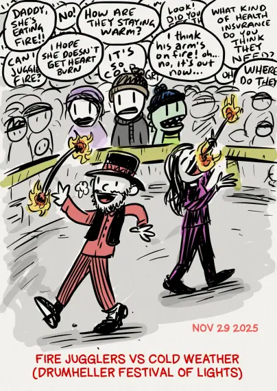A cartoon of two fire juggling performers waring bright clothes - one is eating fire, the other spinning a flaming baton. A family stares on from behind a barricade, surrounded by a myriad of speech balloons commenting on the display. The caption at bottom reads: Fire Jugglers vs Cold Weather (Drumheller Festival of Lights)