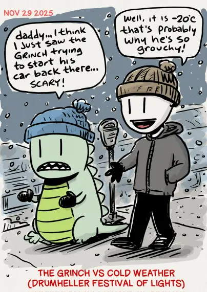 A cartoon of a father walking alongside his Zilla son.The son says "daddy...I think I just saw the Grinch trying to start his car back there... scary!" the dad replies "Well, it is -20C , that's probably why he's so grouchy"
Caption: The Grinch vs Cold Weather (Drumheller Festival of Lights)