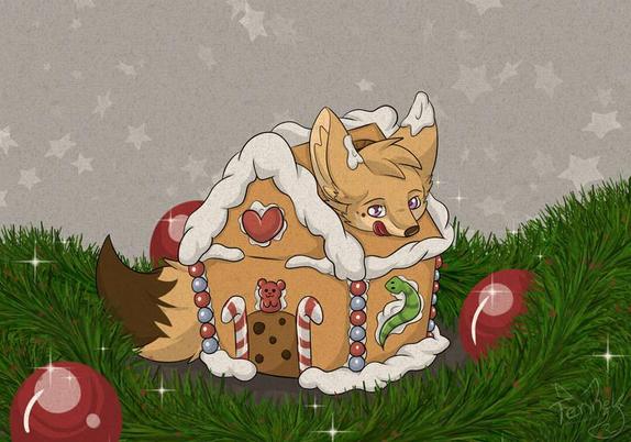 A Fennec Fox is inside a Gingerbread house. It has eaten it and looks with the head out. On the Fen ears is frosting. Around the Gingerbread house are fir branches and red christmas balls