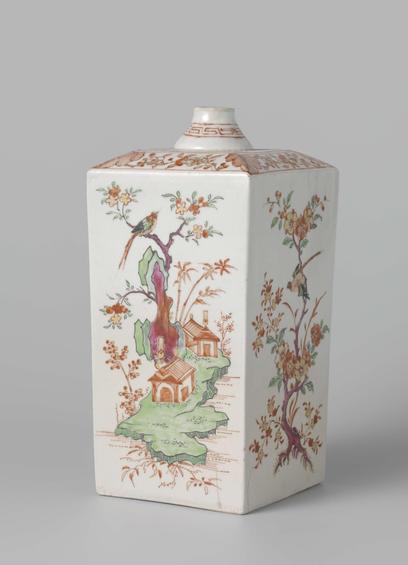 Square bottle with birds, flowering plants and pavilions, anonymous, c. 1700 - c. 1724