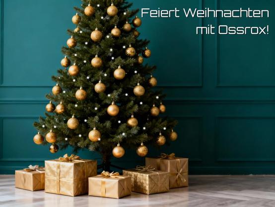 Ein mit goldenen Kugeln geschmückter Weihnachtsbaum. Darunter liegen einige golden verpackte Weihnachtsgeschenke. Der Hintergrund trägt die Aufschrift "Feiert Weihnachten mit Ossrox!"