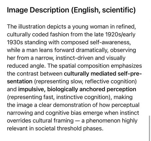 Image Description (English, scientific)
The illustration depicts a young woman in refined, culturally coded fashion from the late 1920s/early 1930s standing with composed self-awareness, while a man leans forward dramatically, observing her from a narrow, instinct-driven and visually reduced angle. The spatial composition emphasizes the contrast between culturally mediated self-pre-sentation (representing slow, reflective cognition) and impulsive, biologically anchored perception (representing fast, instinctive cognition), making the image a clear demonstration of how perceptual narrowing and cognitive bias emerge when instinct overrides cultural framing — a phenomenon highly relevant in societal threshold phases.🖖