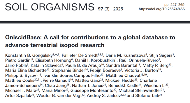 Screenshot of the title and authors of a new review on terrestrial isopods (woodlice) and the new emerging network called 'OniscidBase'.